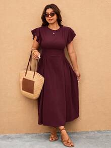 SHEIN CURVE+ Women's Plus Size Casual Solid Color Cinched Waist Midi Dress, Brown, Summer Beachwear - Red Violet - View 4