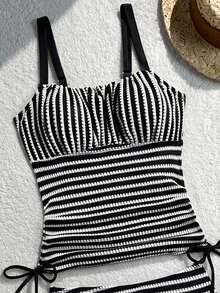 SHEIN Swim 成熟性感薄款黑白條紋特殊面料長褲泳衣上衣與高腰三角比基尼泳褲 2 件套 海灘派對夏季 - 彩色 - 查看 5