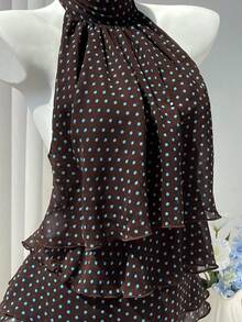 SHEIN EZwear 女款春夏秋棕色與藍色波點印花雪紡中領掛脖綁帶露背荷葉邊層次感上衣，優雅通勤辦公室復古休閒購物約會日常出遊百搭 - 棕色 - 查看 6