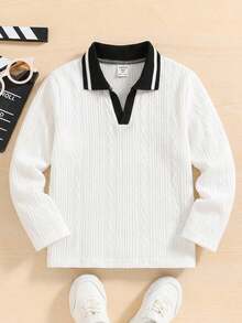 SHEIN Kids Young Boy Casual Daily Textured Collar Pullover White Long Sleeve Loose Knit POLO Shirt Suitable For Commuting School Daily Casual Outings Suitable For Sports Suitable For Spring And Summer - White - View 3