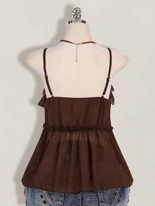 SHEIN ICON Plus Size Women's Ruffle Chiffon Solid Color Tie Strap Camisole - Brown - View 2