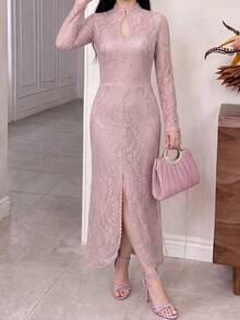 Feyla Women's Lace Split Design Casual Daily Summer Long Dress - Pink - View 5