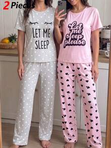 Teen Girls 2-Piece Set Summer New Arrival, Grey & White Polka Dot Print, Korean Sweet Style, Round Neck Short Sleeve Top & Long Pants, Soft Milk Silk Knit Fabric, Loose Comfortable Fit, Playful Letter & Eyelash Print Design, Energetic Girl Vibe, Loungewear Can Be Worn Out - Grey - View 1