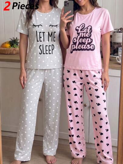 Teenager Mädchen 2 Stücke Set Sommer Neuankömmling, Grau & Weiß Punkt Muster, Koreanischer süßer Stil, Rundhals Kurzarm Oberteil & Lange Hose, Weiche Milchseide Strickstoff, Lockerer bequemer Schnitt, Verspieltes Buchstaben & Wimpern Muster Design, Energetischer Mädchen Vibe, Loungewear kann auch draußen getragen werden