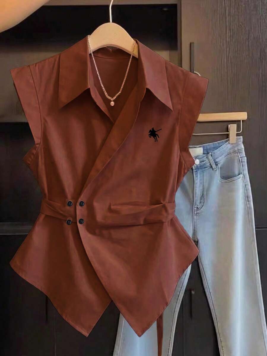 GlowEve Designer Sleeveless Vest Polo Collar Asymmetric Placket Waist-Cinched Asymmetrical Design Embroidered Women's Blouse - Coffee Brown - View 1