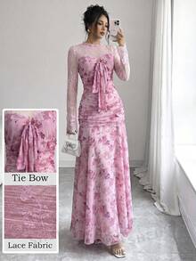 Modelyn French Design Lace Patchwork Bow Women's Long Dress - Dusty Pink - View 8