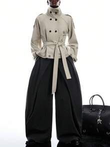 LYSMO Women's Solid Color Raglan Sleeve Double-Breasted Casual Trench Coat Office Wear For Women Going Out Outfits - White - View 1