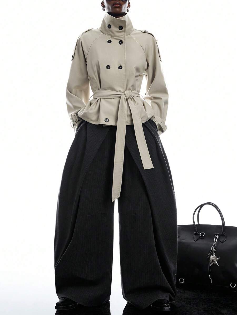 LYSMO Women's Solid Color Raglan Sleeve Double-Breasted Casual Trench Coat Office Wear For Women Going Out Outfits - White - View 1