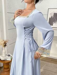 Yasmyna Women's Embroidered Mesh Patchwork Criss-Cross Tie Waist Arabian Dress - Blue - View 1