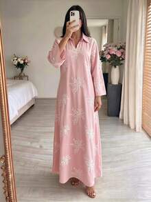 Al Najma Collared Eyelet Embroidery Casual Long Dress - Dusty Pink - View 3