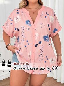 SHEIN CURVE+ 大码女式休闲宽松碎花短袖衬衫，春夏教师制服 - 粉色 - 查看 1