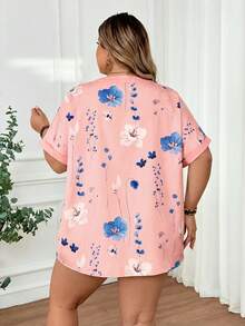 SHEIN CURVE+ 大码女式休闲宽松碎花短袖衬衫，春夏教师制服 - 粉色 - 查看 2