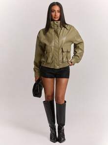 SHEIN BAE Women Olive Green Faux Leather Jacket, Stand Collar Oversized Moto Biker Coat With Utility Pockets, Casual Streetwear For Fall Winter Daily Wear - Mustard Yellow - View 4