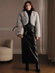 Anewsta Autumn/Winter Elegant Black & White Gradient Faux Fur Coat, Long Hair Waist-Exposing Design, Sophisticated Top - Black and White - View 6