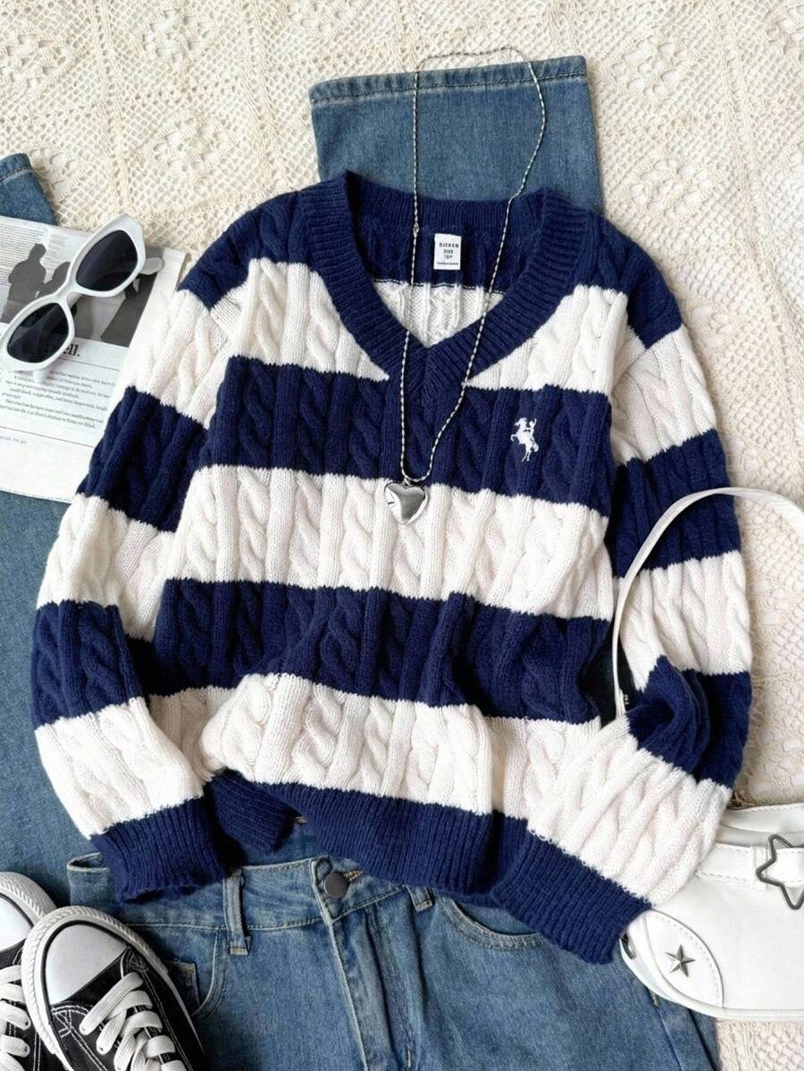 SHEIN Sweater Pullover Lengan Panjang Longgar Berpotongan Longgar dengan Motif Garis-garis Biru & Putih, Model Blok Warna, Kerah V, Bahu Jatuh, dan Logo Bordir untuk Anak Perempuan Remaja, Cocok untuk Musim Gugur/Musim Dingin dan Aktivitas Luar Ruangan - MultiWarna - View 1