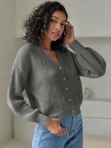 EURMUSE Button Front Drop Shoulder Ribbed Knit Cardigan - Grey - View 6