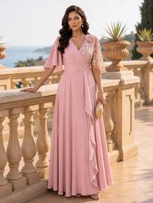 SHEIN Lady CURVE 大尺碼粉色夏季優雅對比網紗花卉裝飾疊領洋裝 - 粉色 - 查看 5