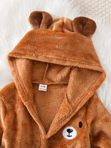 SHEIN 男嬰秋冬可愛動物熊刺繡長袖連帽法蘭絨睡衣 - 棕色 - 查看 5
