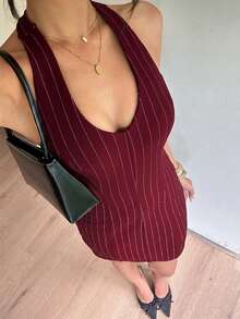 Siren Gaze 女款性感法式街頭風酒紅掛脖綁帶洋裝，適合夜晚外出與夏季穿著 - 酒紅色 - 查看 8