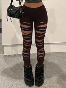 SHEIN ICON 女款素色鏤空休閒百搭日常穿著緊身內搭褲 - 棕色 - 查看 7