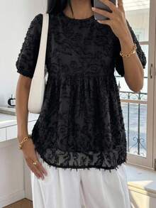 FRIFUL Women's Fashion Round Neck Loose Fit Babydoll Blouse Summer - Black - View 3
