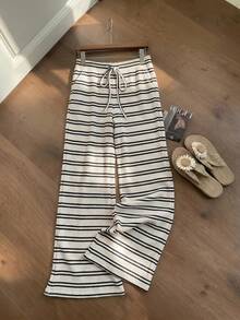 Comfortcana Women's Summer Knit Striped Long Pants - Black and White - View 5