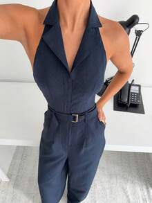 Siren Gaze Commuter Halter Jumpsuit For Women, Navy Blue Romper Elegant Chic Summer - Navy Blue - View 4