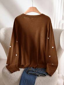 CosyJoli Women's Plus Size Heart Embroidered Basic Cardigan - Brown - View 3