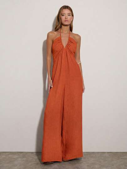 Nöista Women's Solid Color Pleated Casual Daily Wear Halter Neck Jumpsuit