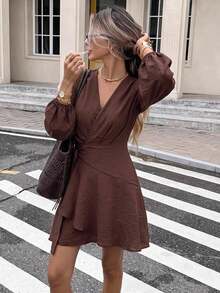 Serisse Women's Solid Color V-Neck Pleated Casual Daily Wear Dress,Fall/Winter ,Formal ,Business ,Chic ,Back To School,Christmas,New Year ,Going Out - Apricot - View 2