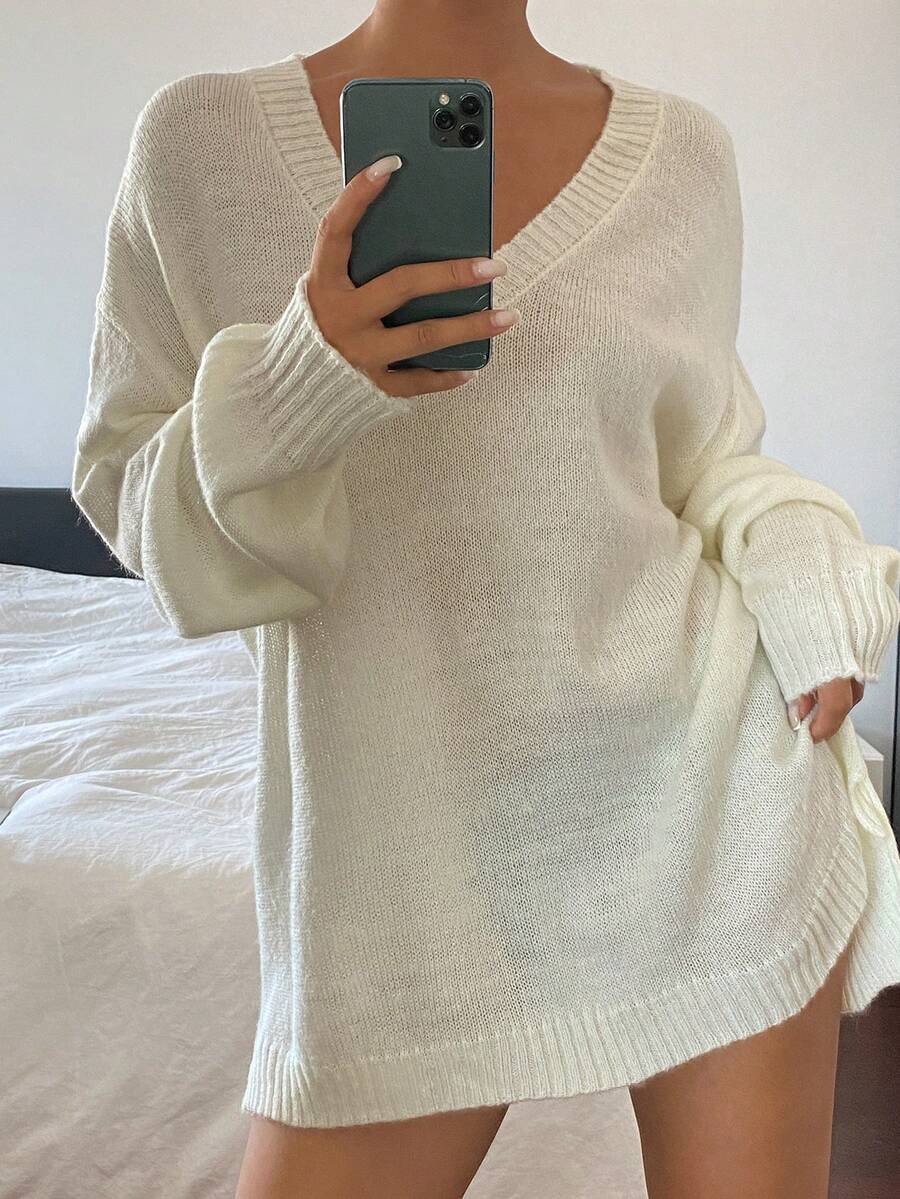 DAZY Women's Solid Color Loose V-Neck Long Sleeve Casual Vacation Spring Autumn Pullover Knit Sweater - White - View 1