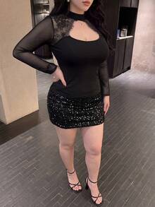 Vibekara 女款極簡性感蕾絲拼接鏤空長袖網紗彈性T恤，適合秋季 - 黑色 - 查看 5