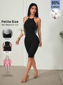 SHEIN PETITE 女款素色掛脖修身連身褲 - 黑色 - 查看 6