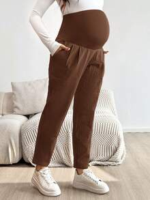 SHEIN 孕婦純色可調腰圍休閒長褲附口袋 - 棕色 - 查看 3
