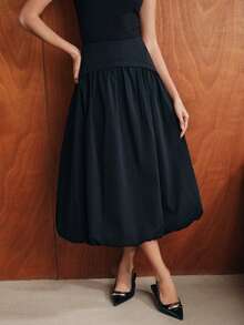 Anewsta Women's Solid Color Pleated Casual Versatile Daily Wear Skirt - Navy Blue - View 5