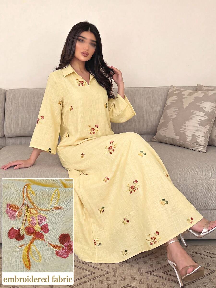 Al Najma Yellow Eyelet Embroidery Casual Long Dress With Collar
