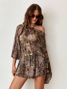 SHEIN ICON Fall Women's Going Out Brown Boho Vacation Cashew Pattern Off-Shoulder Flared Sleeve Mini Dress - Brown - View 6