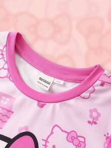 HELLO KITTY AND FRIENDS | SHEIN Young Girl Cartoon Cat Print Contrast Color Sweet Sleep Dress - Pink - View 3