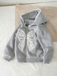 SHEIN Grå och vit blommig sweatshirt med rosettdekor för flickor, huva, höst- och vinterjacka, lämplig för utflykter - Grå - Visa 4