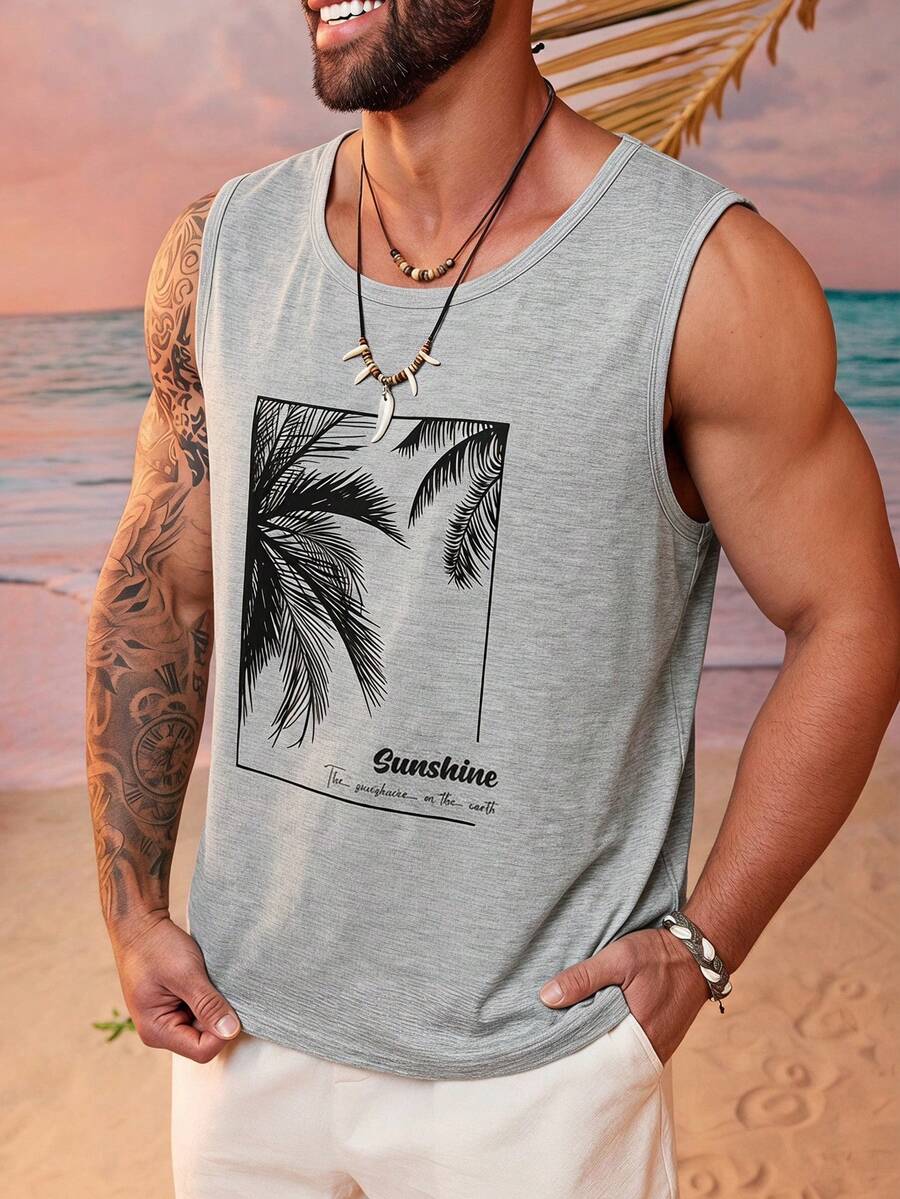 HIMLAND Plus Size Men's Letter & Tropical Plant Print Casual Versatile Daily Wear Tank Top - Dark Grey - View 1