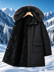 Teen Boys British Style Mid-Length Parka Jacket With Faux Fur Collar - Black - View 9