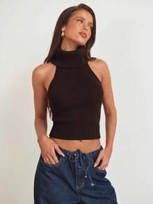 Aloruh Women's Elegant High Neck Backless Halter Sleeveless Pearl Sweater Vest - Coffee Brown - View 1