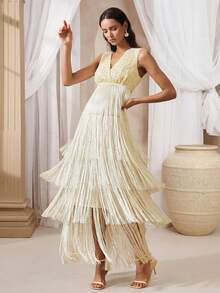 VOLUPTÉ CURVE Women's Spring/Summer Cream White Maxi Dress Sequin V-Neck Sleeveless Fringe Gown, Elegant Party Dinner Wedding Date Guest - Beige - View 7