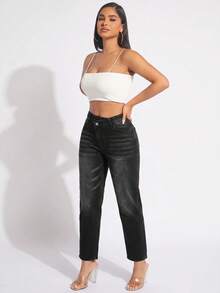 SHEIN SXY 休閒水洗不對稱腰頭牛仔褲 - 黑色 - 查看 5
