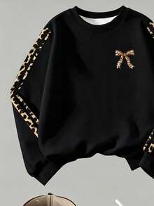 SHEIN 女童秋冬休閒時尚舒適極簡豹紋條紋蝴蝶結圓領衛衣＋內搭褲兩件套 - 彩色 - 查看 4