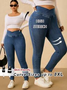 SHEIN CURVE+ 大尺碼女款休閒百搭日常牛仔褲 - 藍色 - 查看 10
