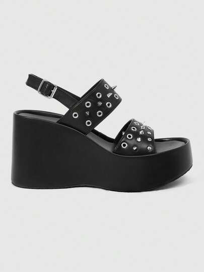 Sugerpunk Women's Rivet Trim Black Platform Sandals PU Punk Style Word With Open-Toed Sandals, Women's Shoes