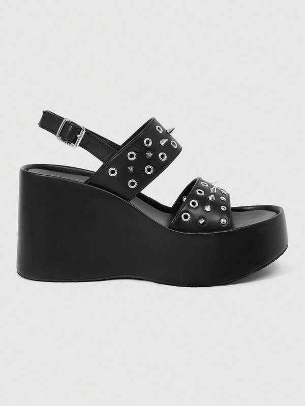 Sugerpunk Women's Rivet Trim Black Platform Sandals PU Punk Style Word With Open-Toed Sandals, Women's Shoes