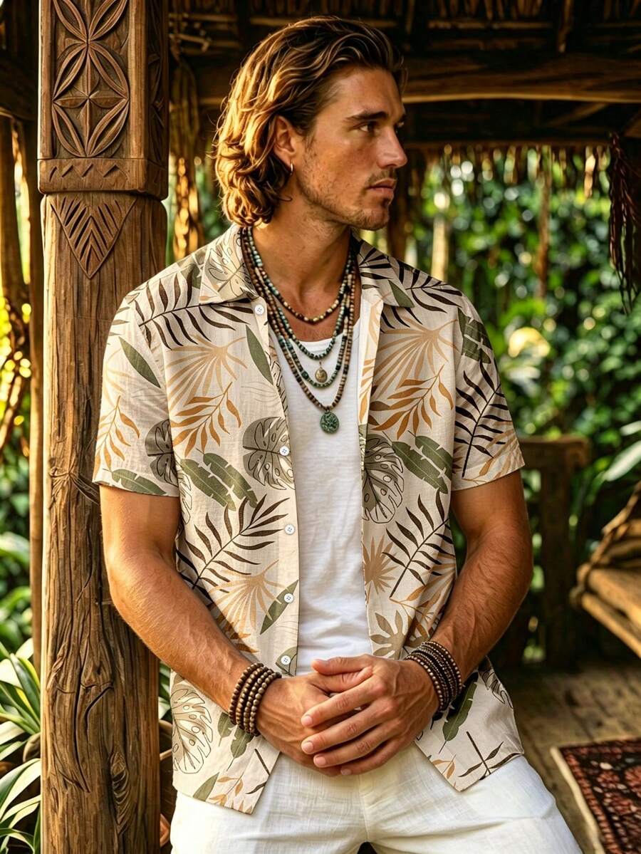 Alderstead Men's Tropical Plant Print Short Sleeve Single-Breasted Shirt - Multicolor - View 1