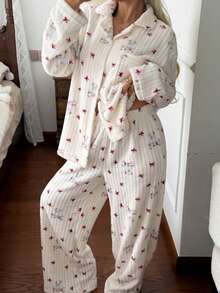 DAZY Winter Cute Bow & Bear Pattern All-Over Print Plush Women's Pajama Set Fall - Blue - View 12